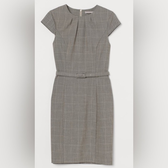 H&M Sheath Dress Women XS Taupe Windowpane Plaid Knee Length Cap Sleeves - Picture 1 of 8